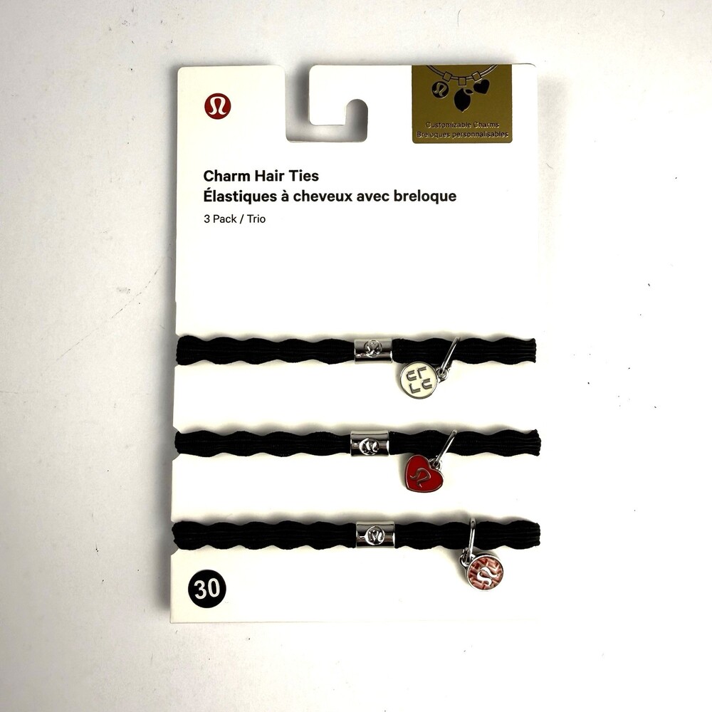 Lululemon 3 Pack Logo Charm Hair Ties BLK/SLVR Detachable Charms NWT